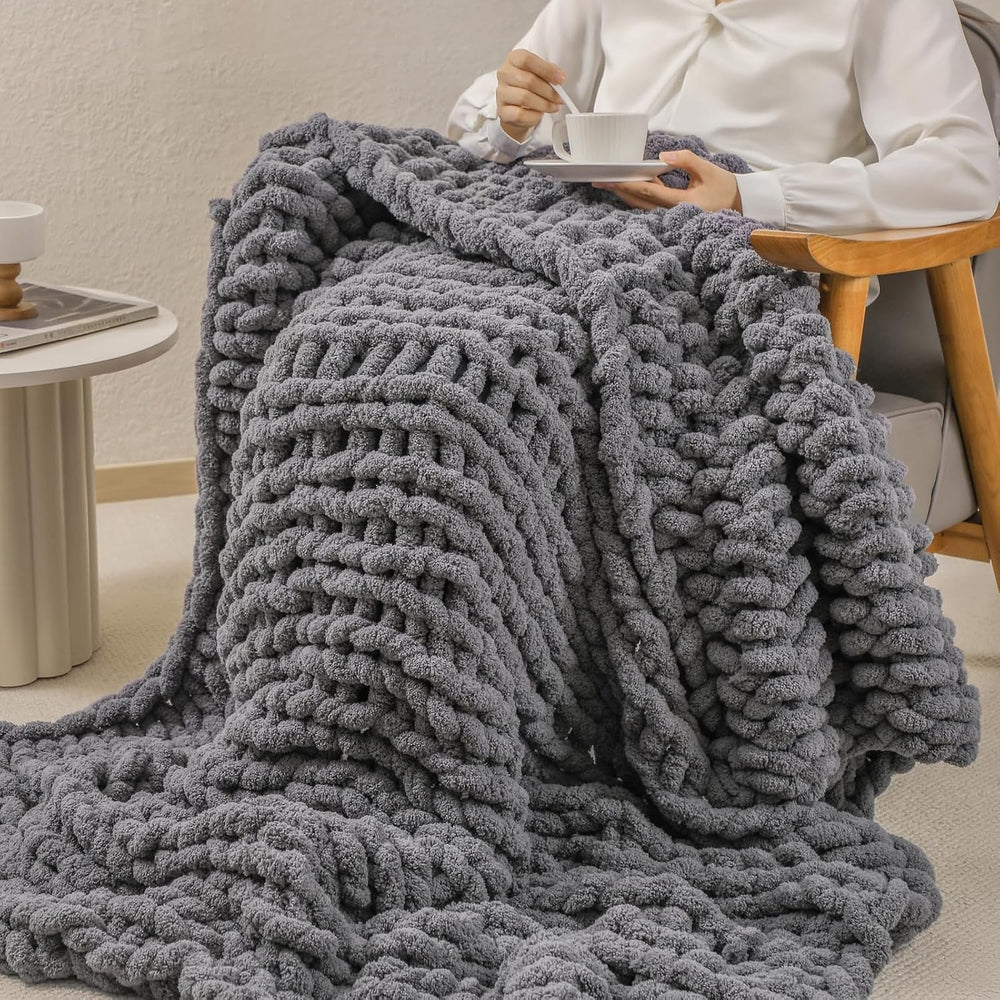 bearberry Chunky Knit Handmade Throw Blanket 50x60 Jumbo Chenille Dark Gray