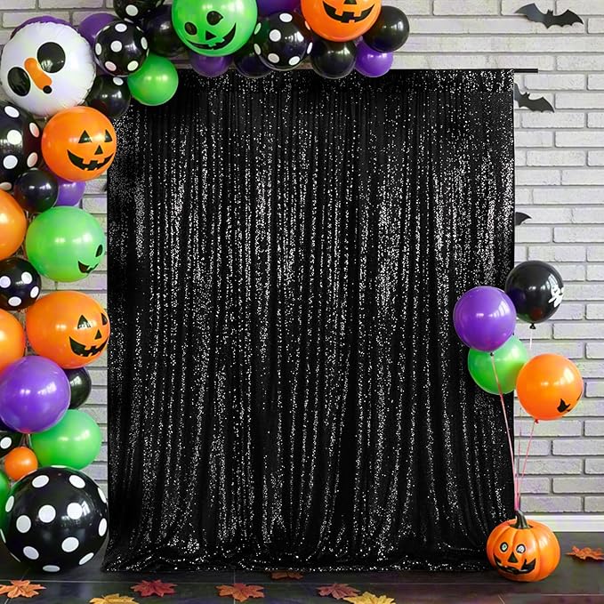 Eternal Beauty Black Sequin Backdrop, 6x8 Ft Halloween Glitter Background Cur...