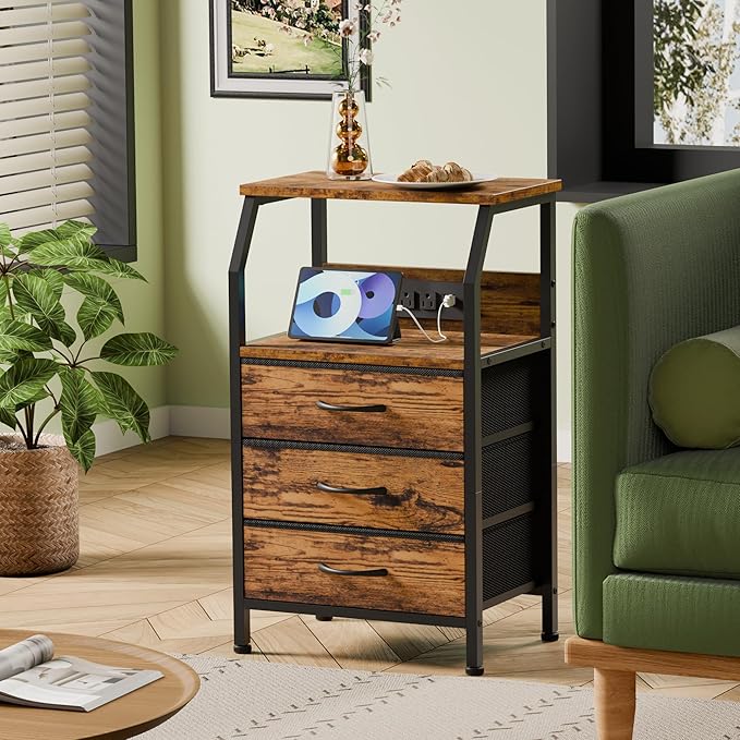 Furnulem Night Stand with Charging Station, USB Ports and Outlets, 28.3 Inch ...