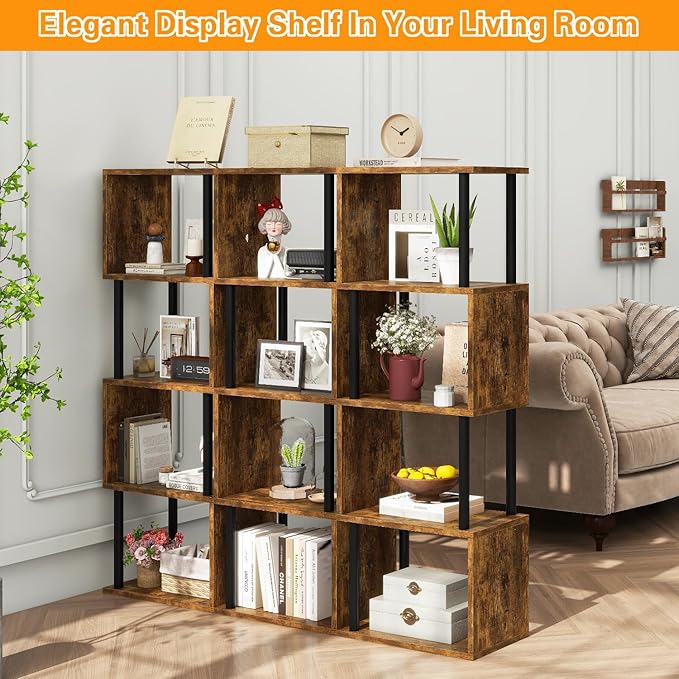 IBUYKE 5-Tier Tall Bookshelf,S-Shaped Geometric Bookcase, Wood Display Shelve...