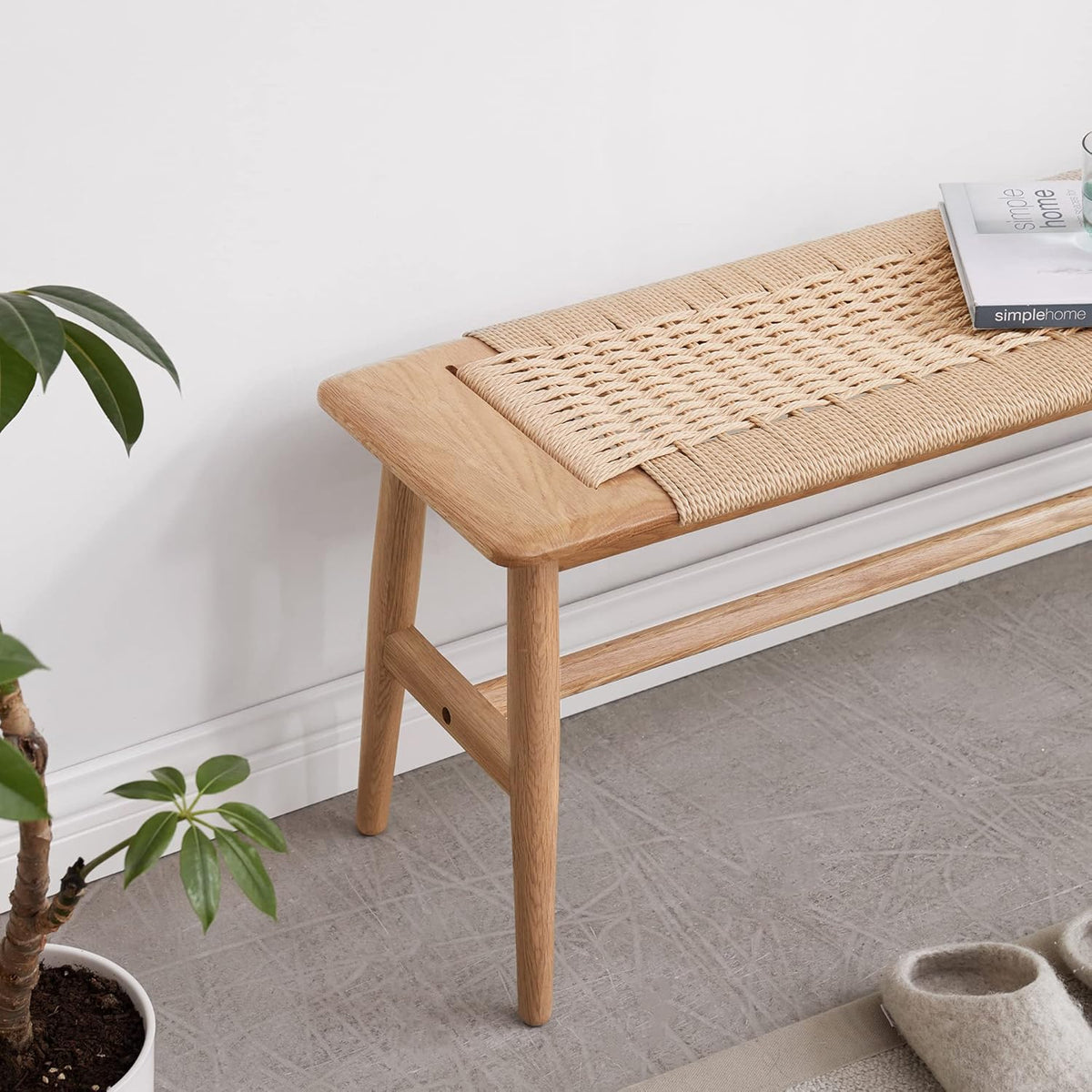 100% Solid Oak Wood Bench,Hand Woven Design,Solid Mortise and Tenon Construction-Solid Structure of Chair Legs,Woven Rattan Entryway Benchs/Dining Bench (Natural Oak,31.49”*11.81”*15.98”)