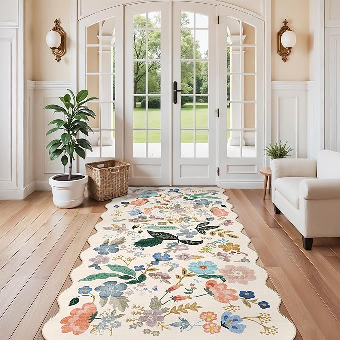 Washable 4x8 Wide Runner Rug: Hallway Entryway Non Slip Scalloped Floral Rug - Image 2