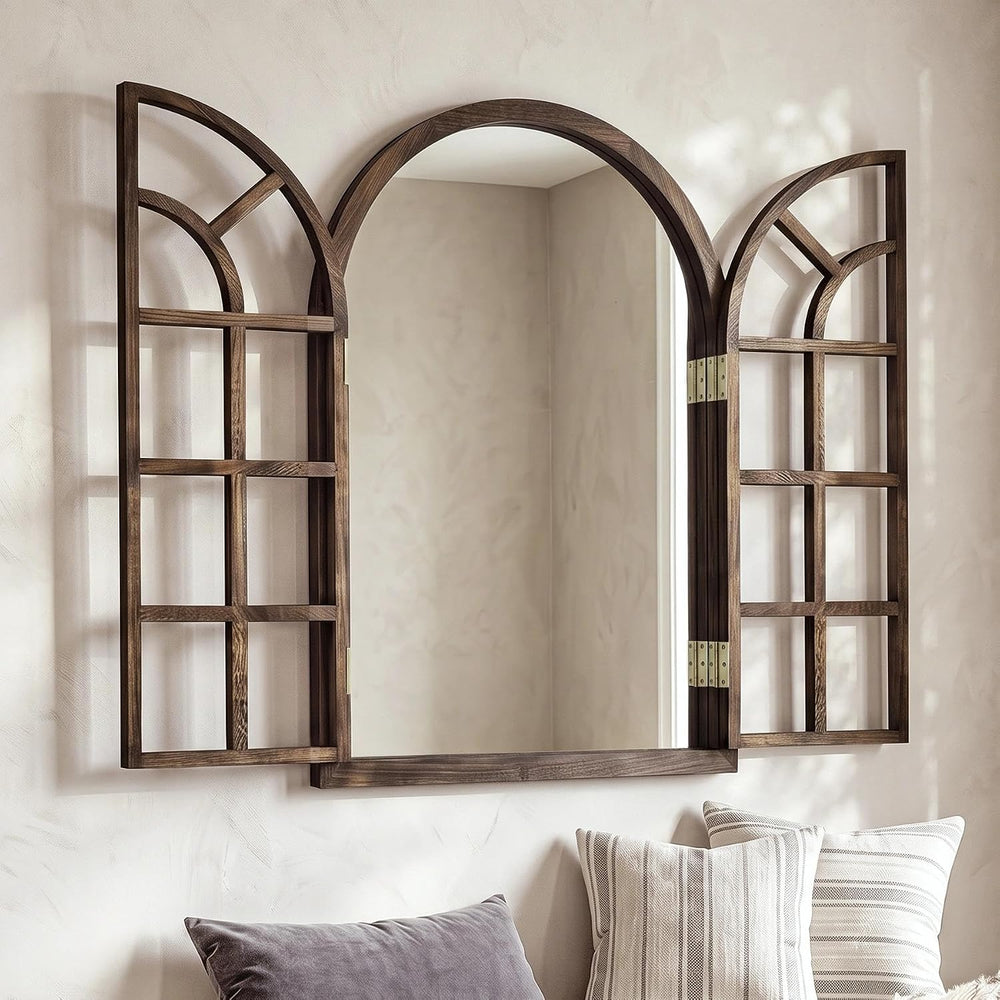 Farmhouse Window Mirror for Wall, 38 X 26 Inch Rustic Wood Frame