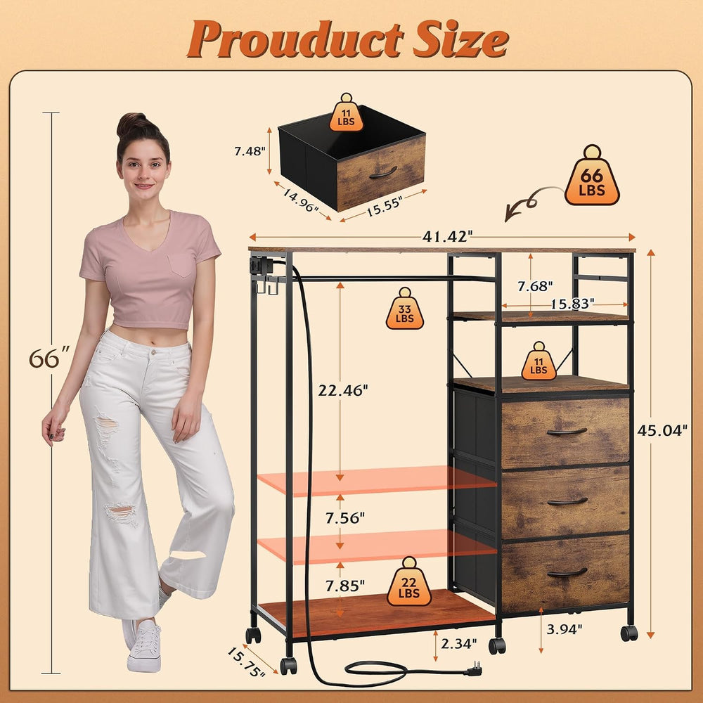 WLIVE LED Dresser for Bedroom, 3 Drawers with Hanging Rack, Rustic Brown