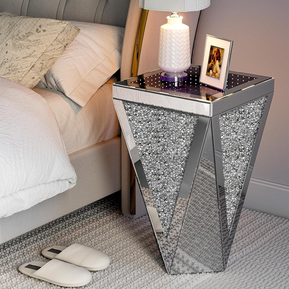 IKIFLY Set of 2 Mirrored End Table with Infinity Lights, Silver Nightstand wi...