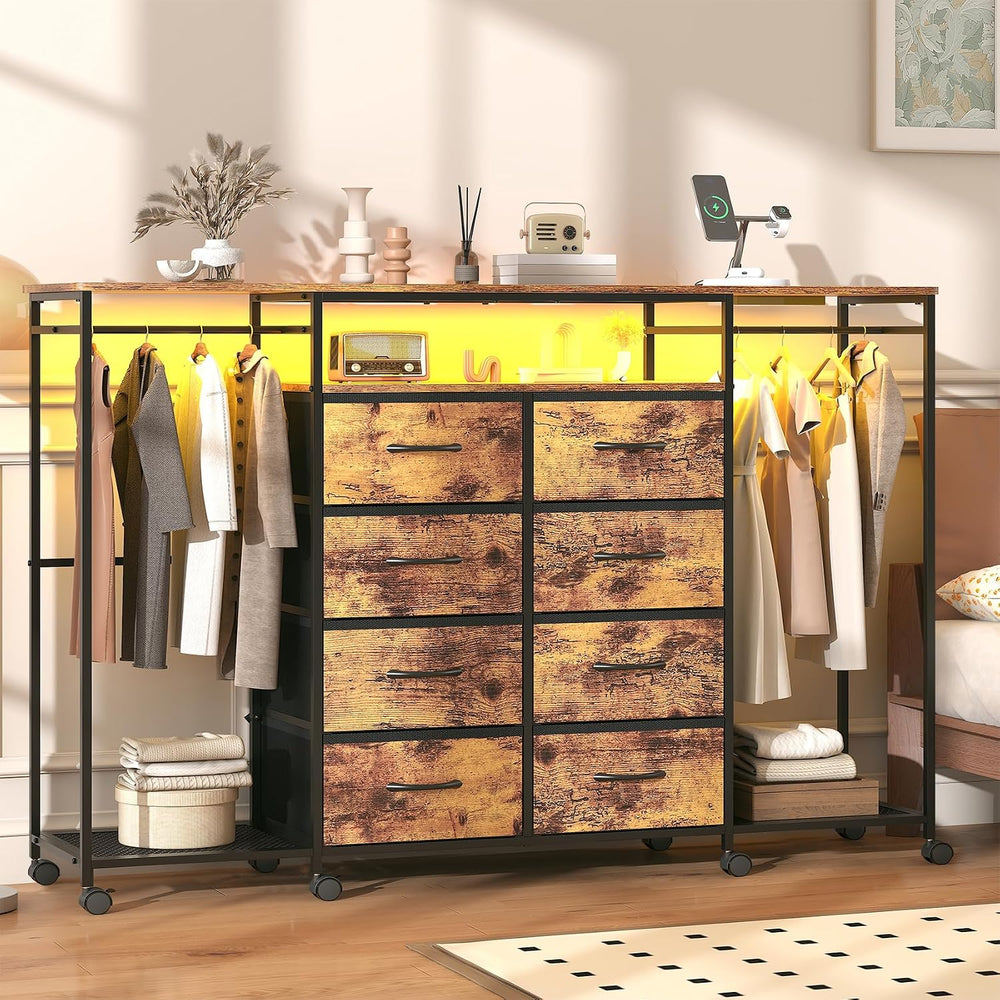 59.1" W Dresser for Bedroom with Hanging Rack, 8 Drawer Dresser with LED...