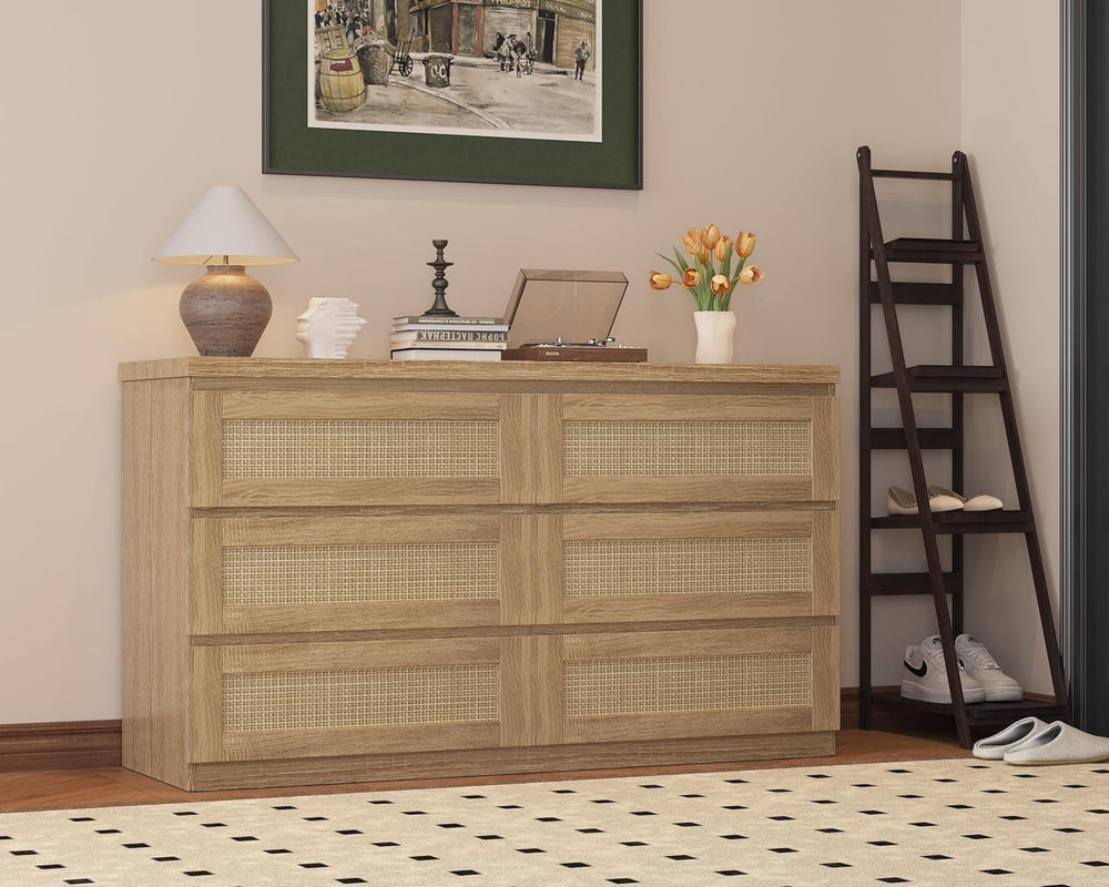 Garvee Rattan 6-Drawer Dresser for Bedroom - Slim Wooden Chest of Drawers, Du...