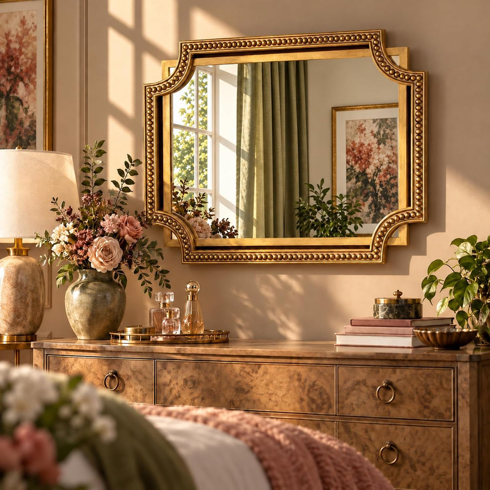 Gold Rectangle Wall Mirror, 36x24 Inch Scalloped Beaded Frame for Bathroom