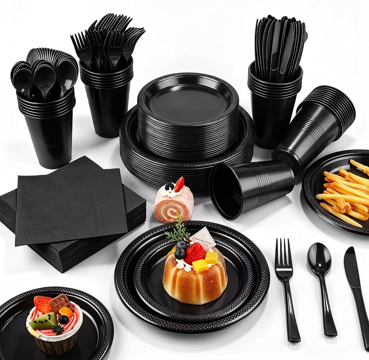 Kochorie 480 Pieces Black Plastic Dinnerware Set for 60 Guests Disposable Heavy Duty Plates Napkins Cups and Silverware Dessert Dinner Plates for Halloween Birthday Wedding Party Supplies