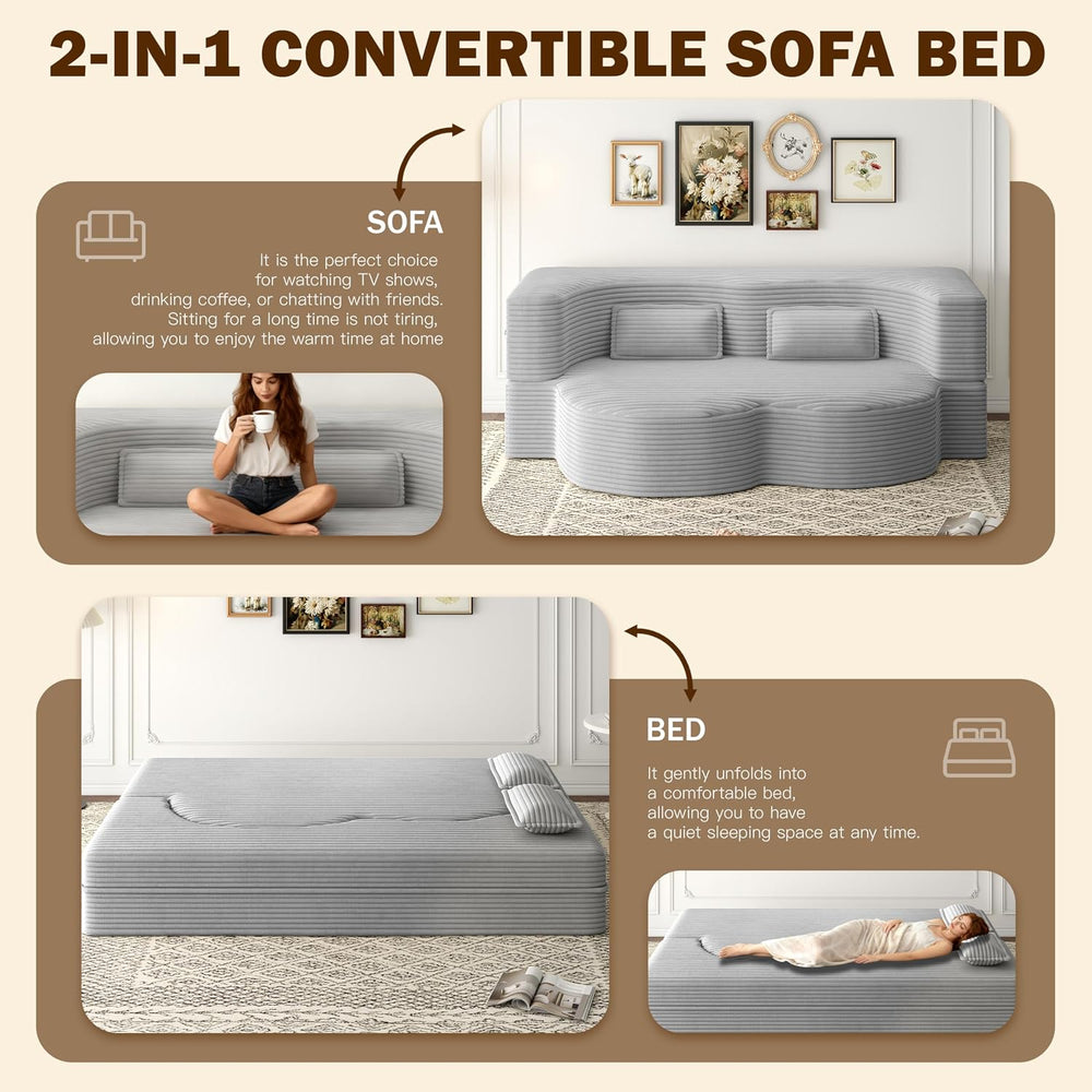 78" Folding Sofa Bed, Twin Size Futon Boneless Couch, Light Grey Corduroy