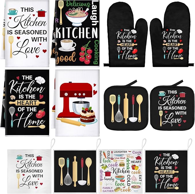 12 Pcs Farmhouse Kitchen Decoration Set 4 Funny Quote Black Kitchen Towels 4 by Bencailor