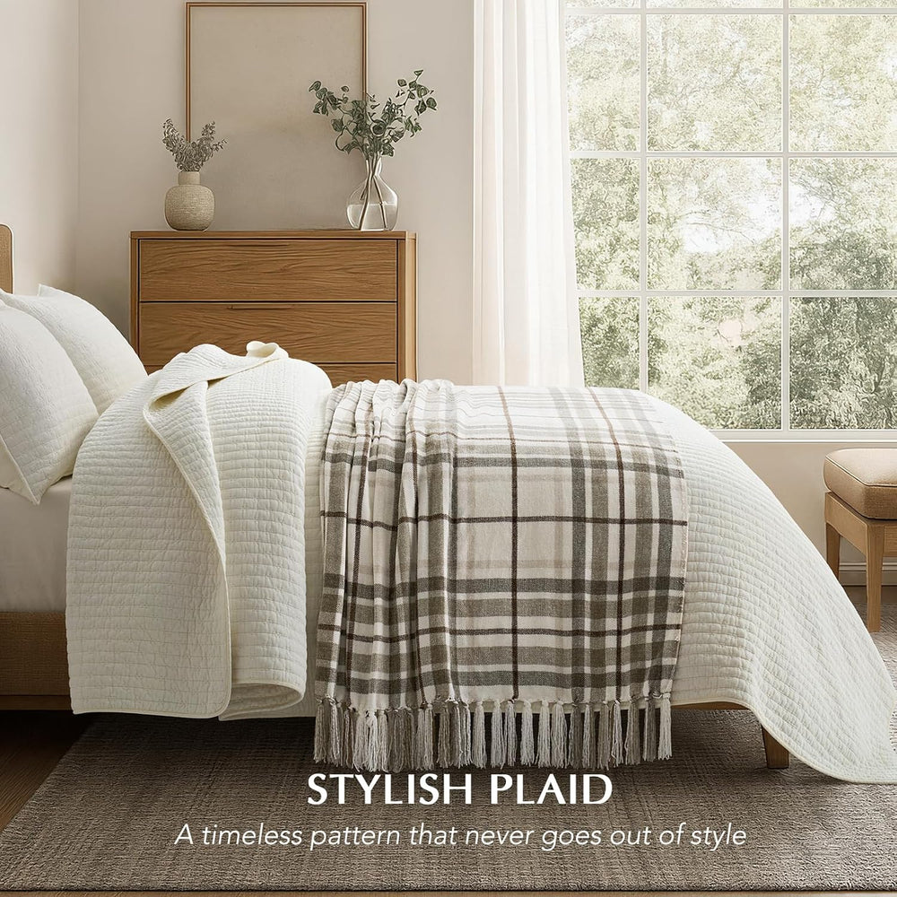 EverGrace Plaid Chenille Knit Throw Blanket for Couch, 50"x60", Beige