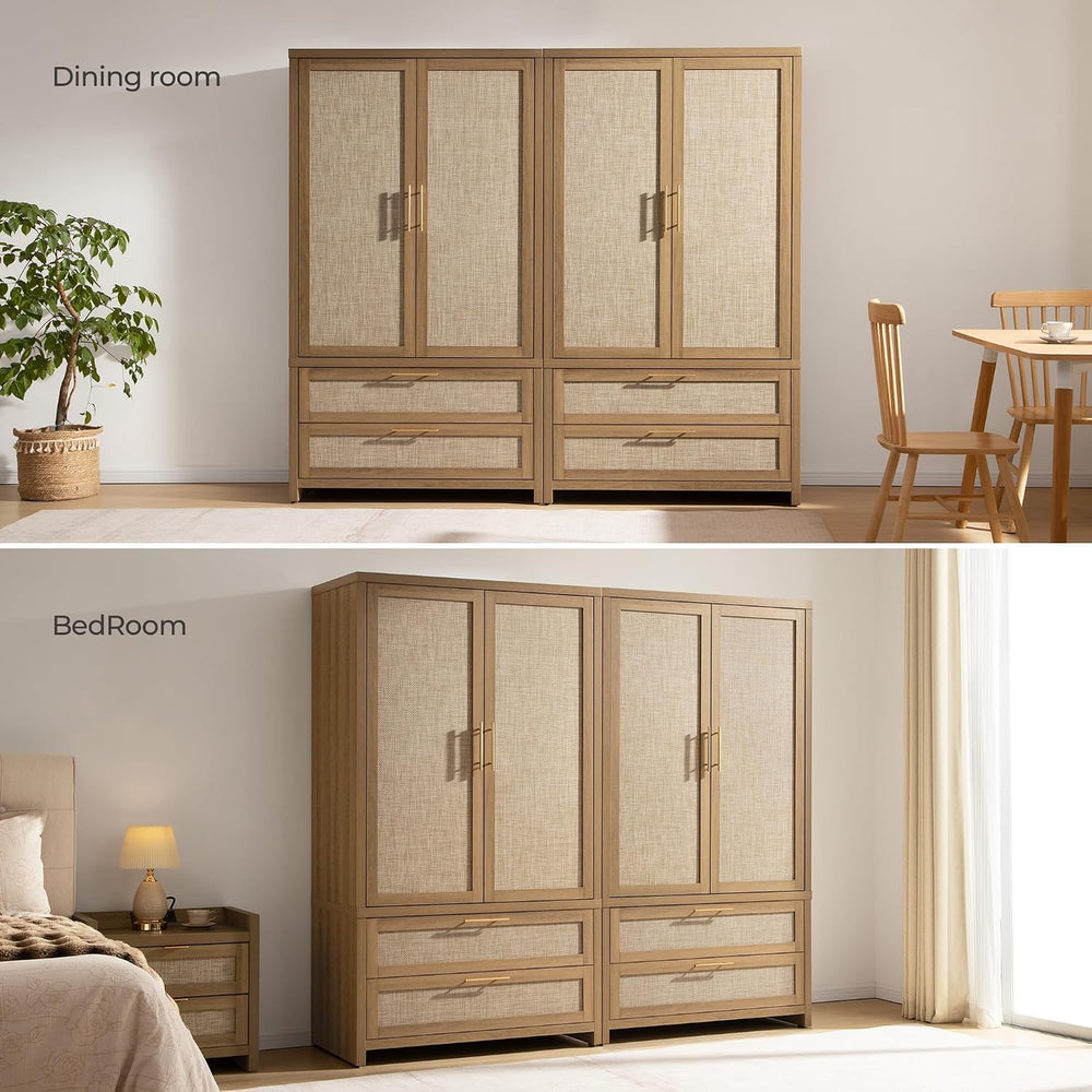 SICOTAS Rattan Armoire Wardrobe Closet : 71 inch Wardrobe with Drawers