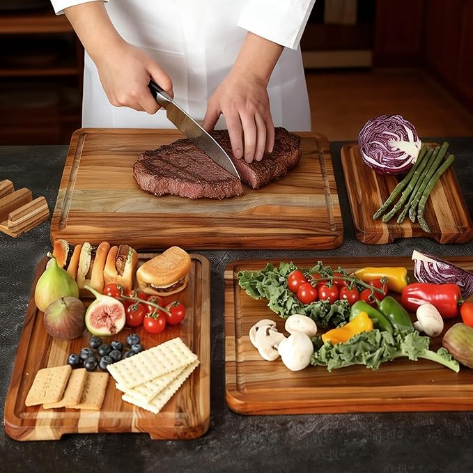 4 Pack Teak Cutting Board Set for Kitchen Wood Cutting Board Heavy Duty Non - Image 5
