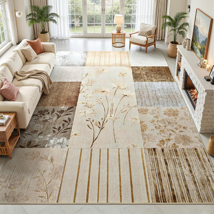 DweIke Floral Rugs for Living Room, 5x7 Washable Area Rug for Dining Room Farmhouse Office Bedroom Decor, Geometric Patchwork Stain Resistant Low Pile Indoor Floor Throw Rugs, Beige