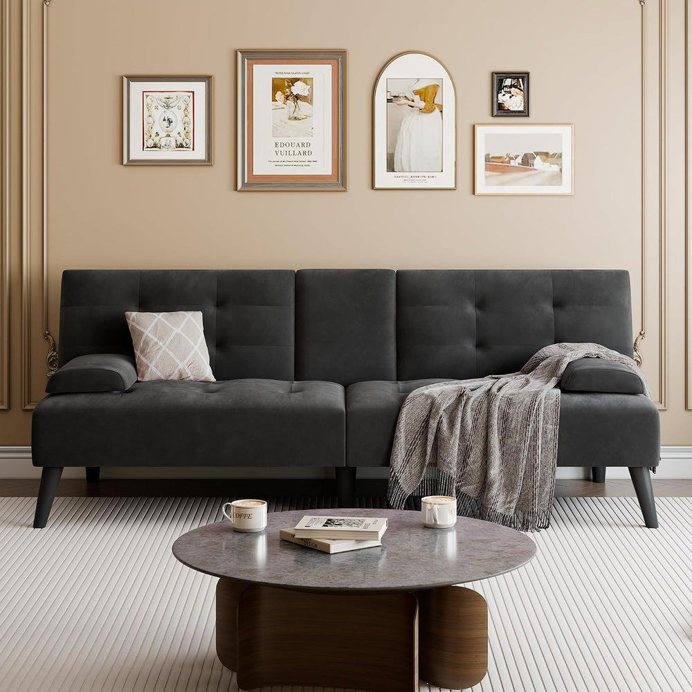 64" Futon Sofa Bed, Small Loveseat, Cup Holders Armrests, Black