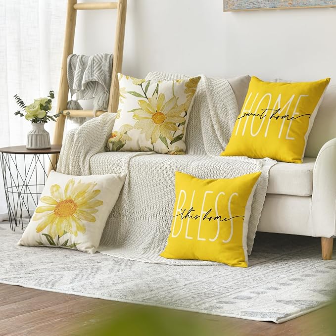 AVOIN colorlife Home Sweet Home Spring Summer Flowers Yellow Throw Pillow Covers - Image 2