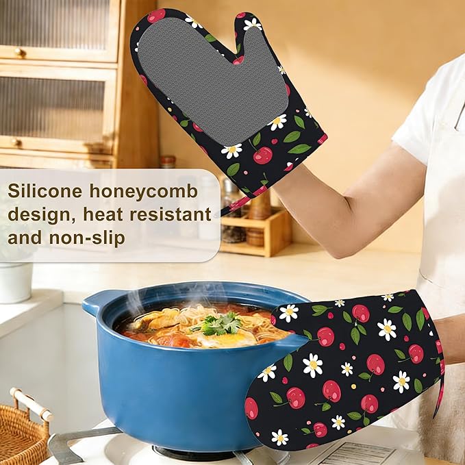 Cherry Oven Mitts and Pot Holders Sets of 4, Heat Resistant Daisy Floral - Image 4