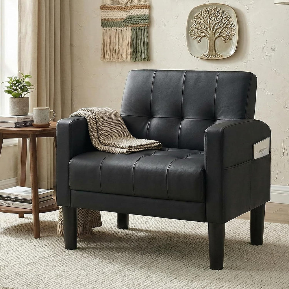 Black Accent Chair, Tufted Reading Armchair with Arms for Living Room