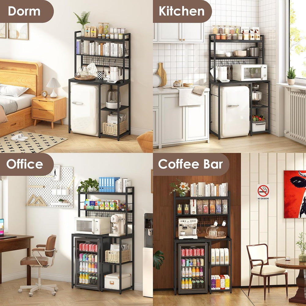 Mini Fridge Stand with Storage, Black Mini Fridge and Microwave Storage Shelf...