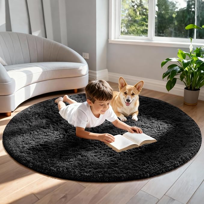 Ophanie Round Rug 5Ft Black Circle Area Rug, Room Decor - Image 3