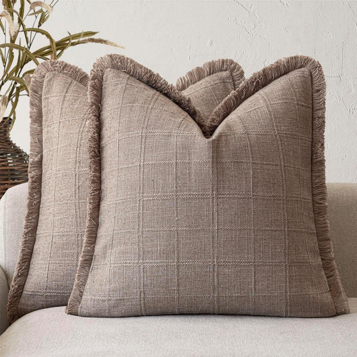 Foindtower Set of 2 Decorative Linen Check Fringe Throw Pillow Covers Farmhouse Vintage Cushion Covers Modern Boho Home Decor for Sofa Chair Couch Bedroom Living Room Outdoor,24×24 Inch,Tan Taupe
