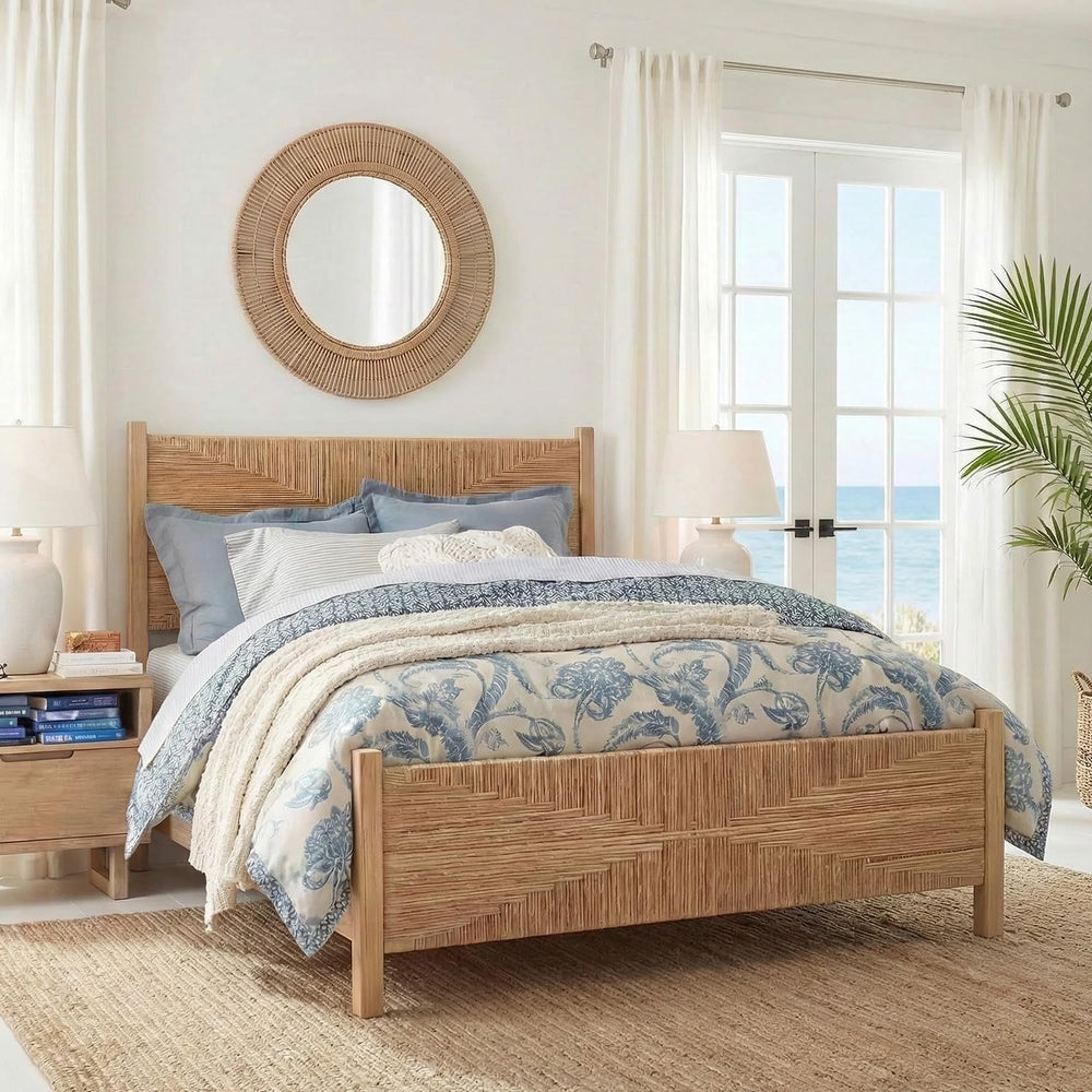 Brafab King Size Rattan Bed Frame, Boho Wicker Headboard, Natural Oak