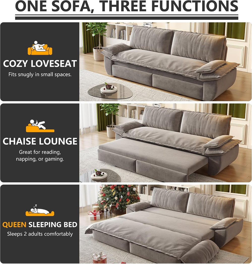 70.1" Sleeper Sofa Bed Queen Size, Pull Out Convertible Velvet Couch, Grey