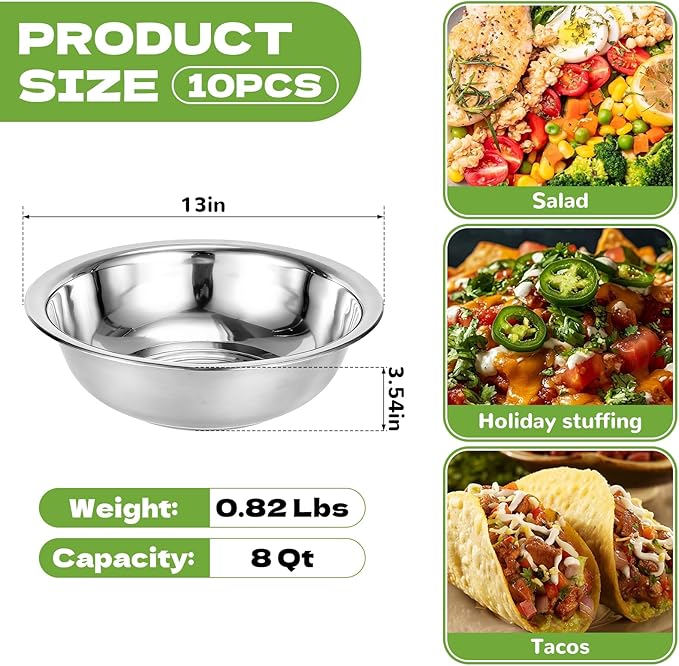 10 PCS Stainless Steel Mixing Bowls 13 Inch 8 Qt Extra Large Metal Basin - Image 2