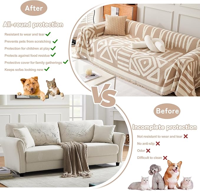 HANDONTIME Sofa Covers for Sectional Sofa Boho Couch Cover for Dogs Khaki Throw - Image 5