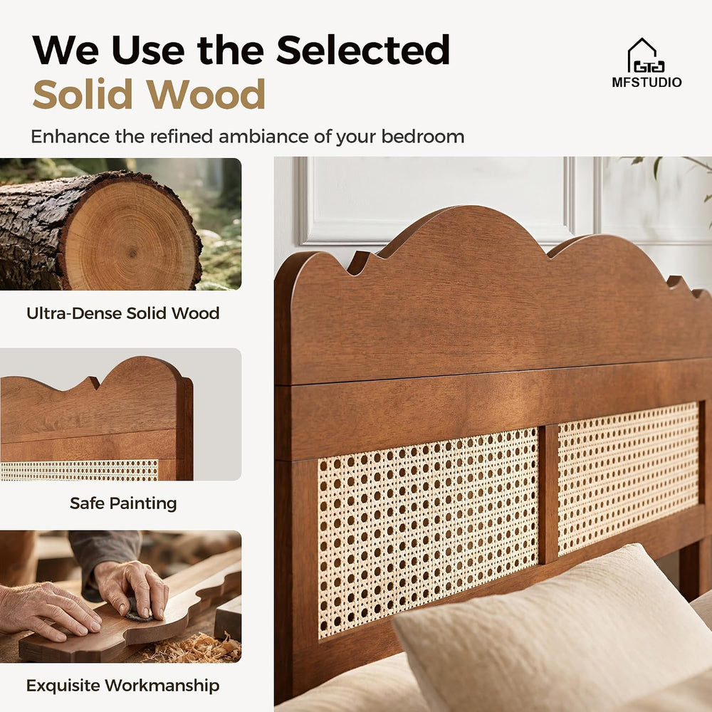 MFSTUDIO Wood Bed Frame Full Size with Adjustable Rattan Headboard