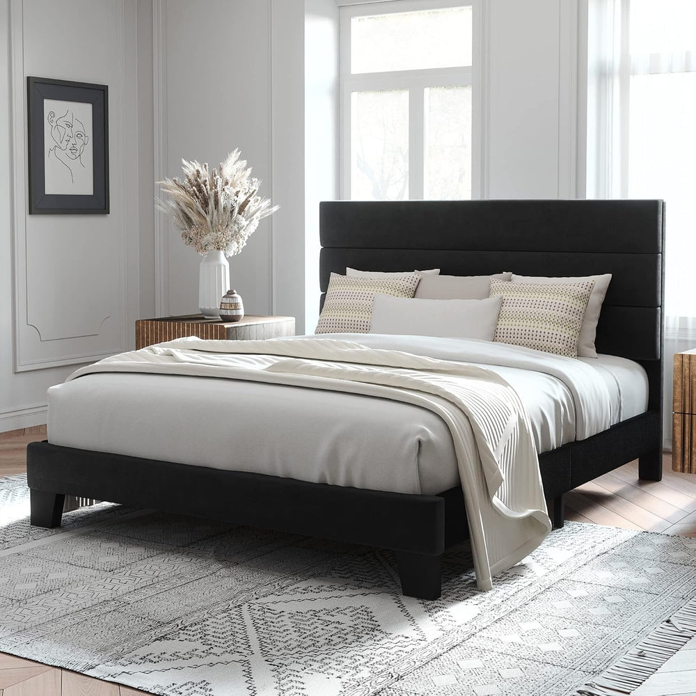 Allewie Full Size Platform Bed Frame with Velvet Upholstered Headboard