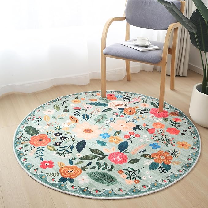 Rugcomf Round Rug 6ft Washable Circle Rug Non Slip Low Pile Boho Floral Small - Image 6