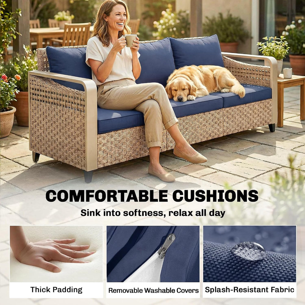 Outsunny Outdoor Patio Couch Wide Deep Seat 3 Seater Wicker Dark Blue