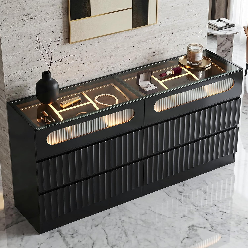 senlin Fluted 6 Drawer Dresser,Modern Chest of Drawers,Black