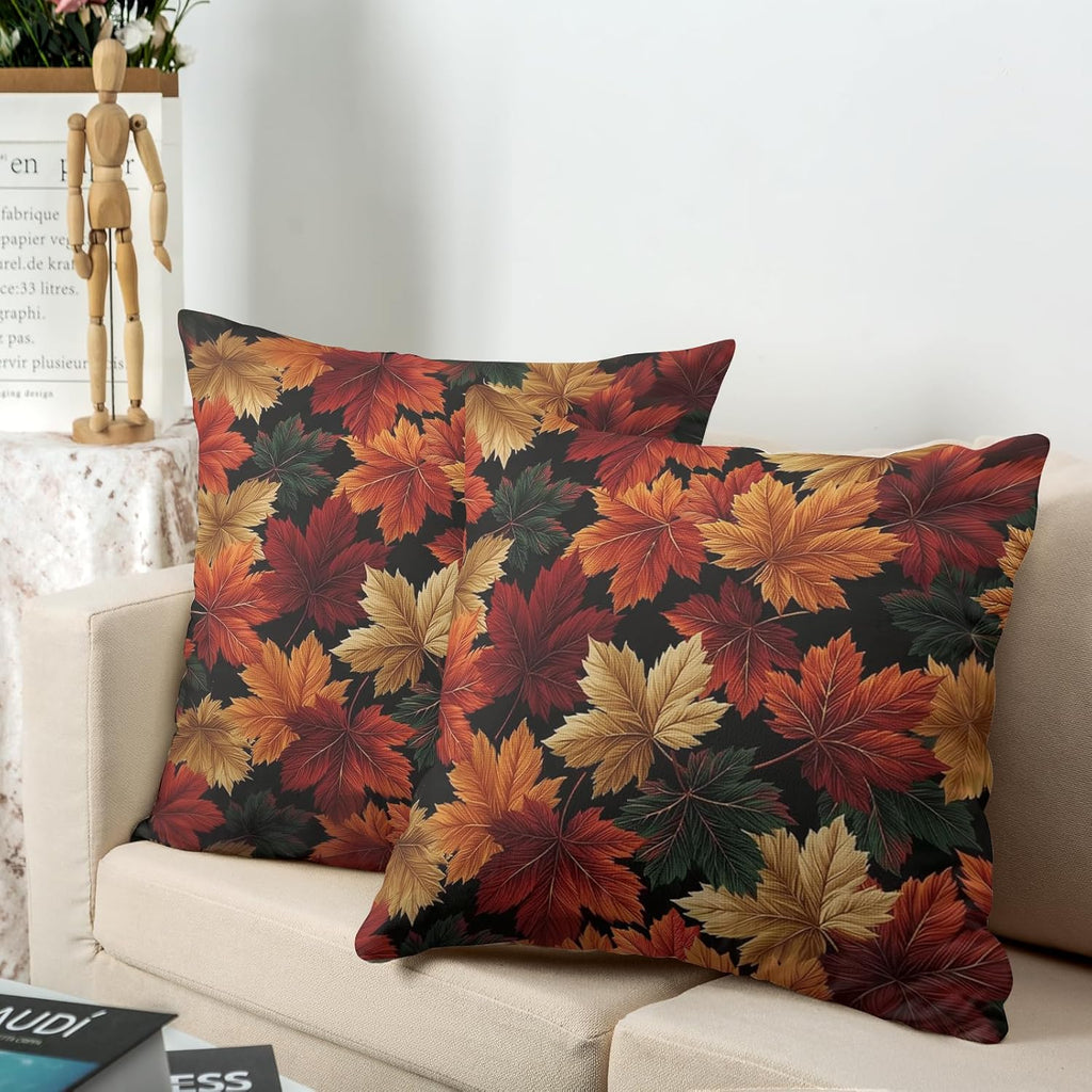 Fall Leaf Pillow Covers Autumn Thanksgiving Pillow Cases Black Orange Maple Leaves Throw Pillow Covers 18x18 Set of 2 Harvest Cushion Cases for Home Farmhouse Sofa Couch