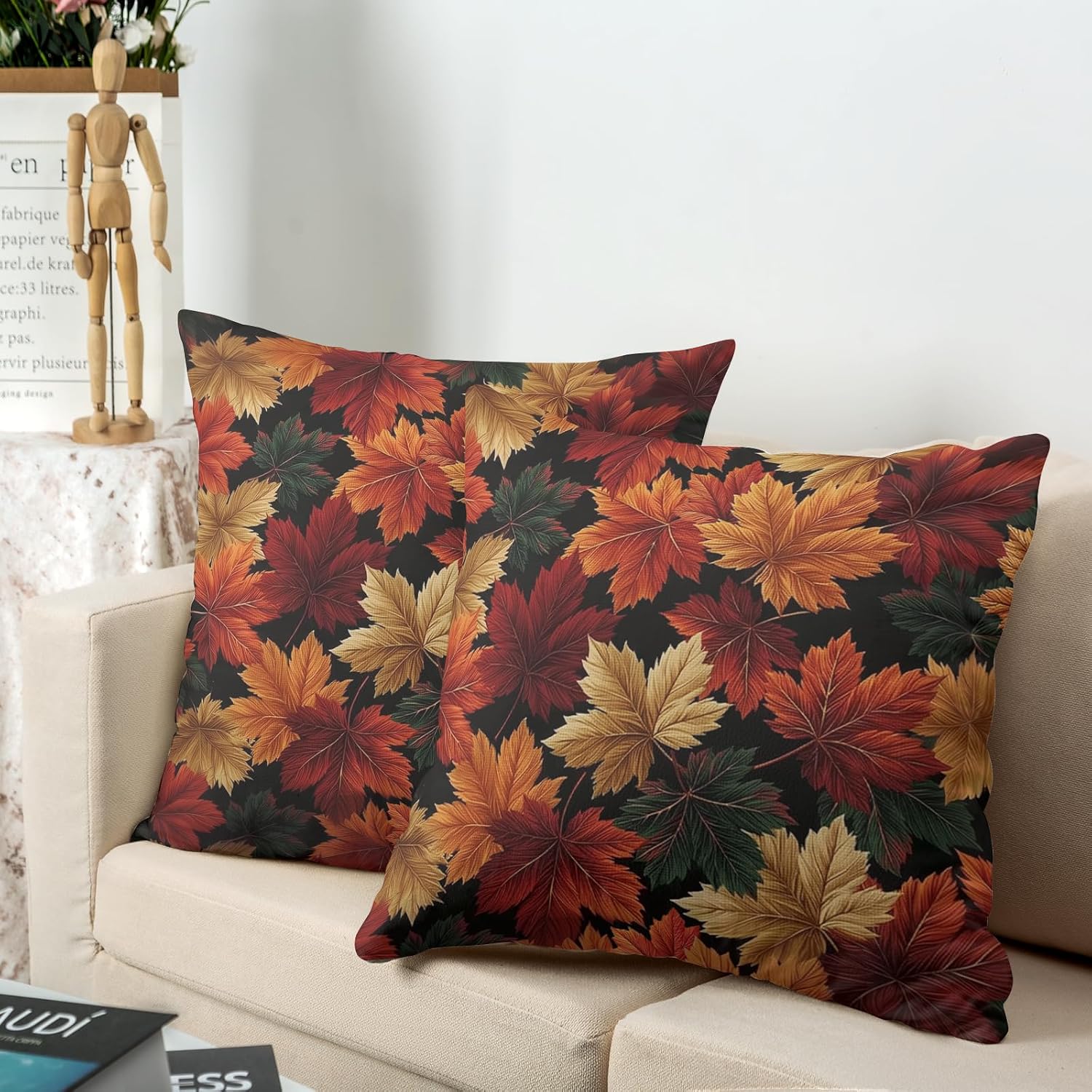 Fall Leaf Pillow Covers Autumn Thanksgiving Pillow Cases Black Orange Maple Leaves Throw Pillow Covers 18x18 Set of 2 Harvest Cushion Cases for Home Farmhouse Sofa Couch