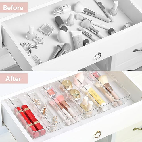 6 Set Clear Plastic Junk Drawer Organizer Vanity Curlery Utensil Makeups - Image 2