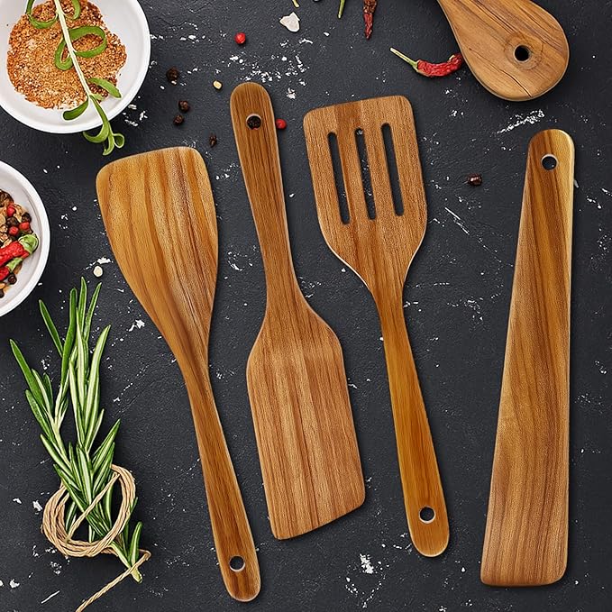 Best Acacia Wood Spatula for Cooking Non Toxic Wooden Kitchen Utensil Set Flat - Image 2