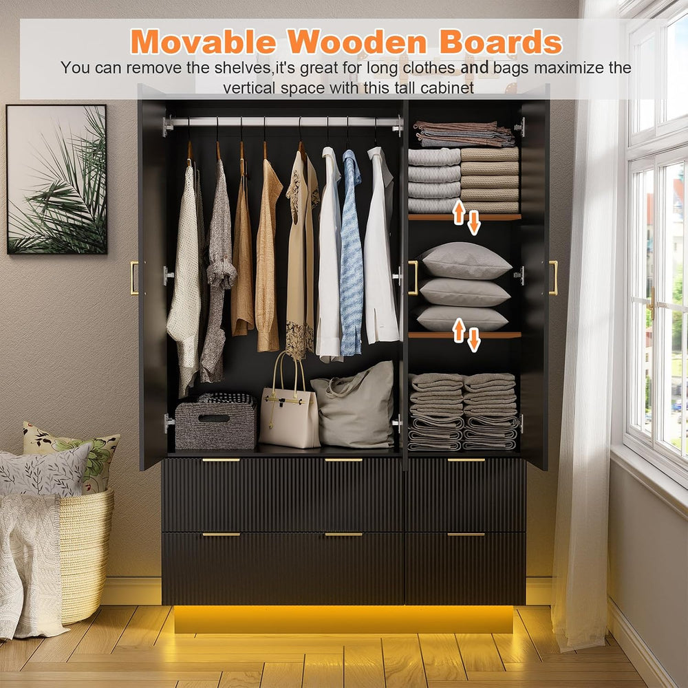 PAKASEPT Armoire Wardrobe Closet with 3 Door, Mirror, LED Lights