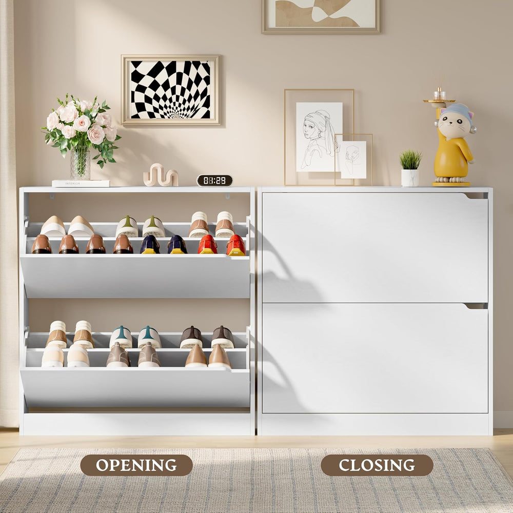 BORNOON Shoe Cabinet with 2 Flip Drawers, Slim Narrow Shoe Storage Cabinet, F...