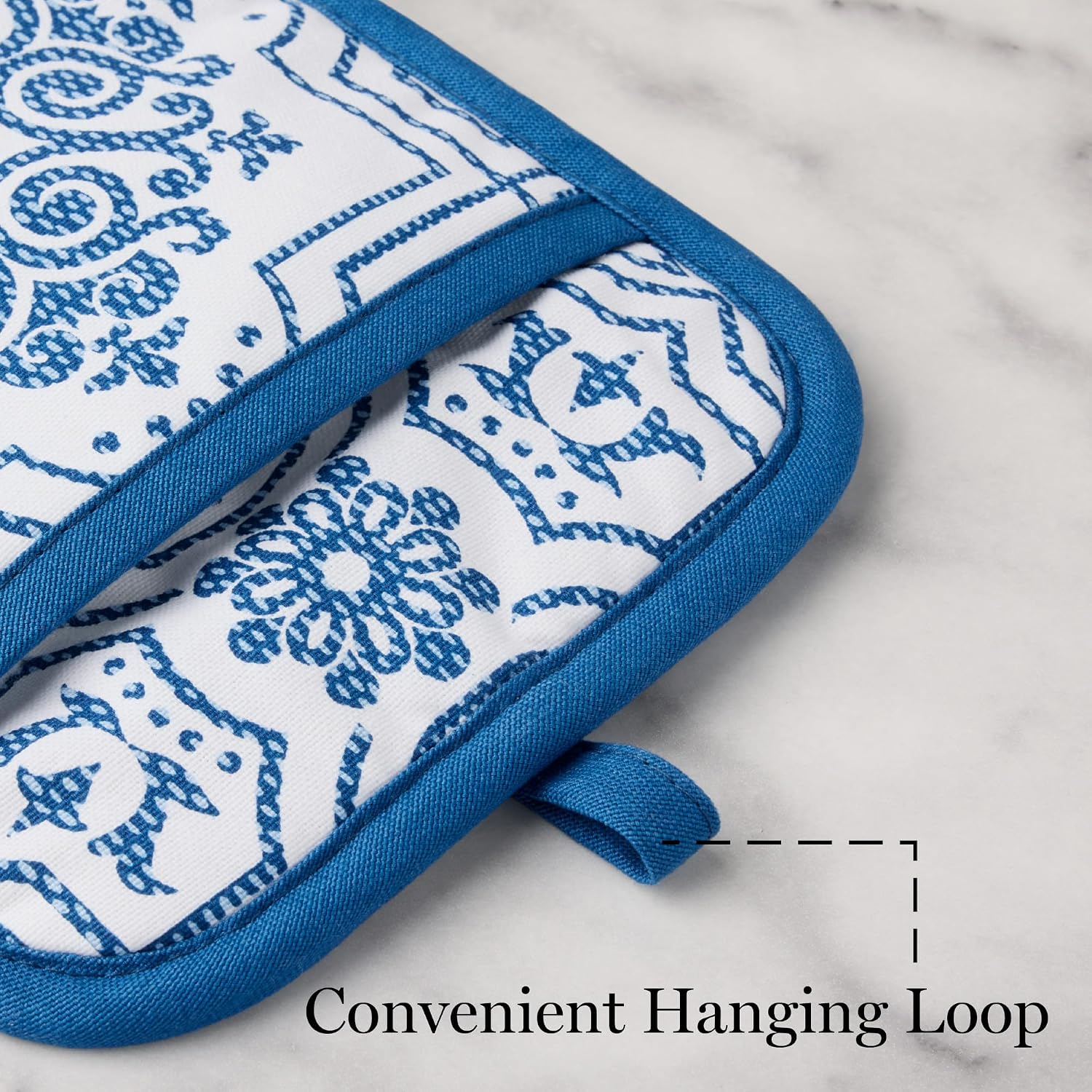 MARTHA STEWART Strie Medallion Pot Holder 2-Pack Set, Heat Resistant, Non-Slip Silicone Grip, Navy Blue, 7"x10"