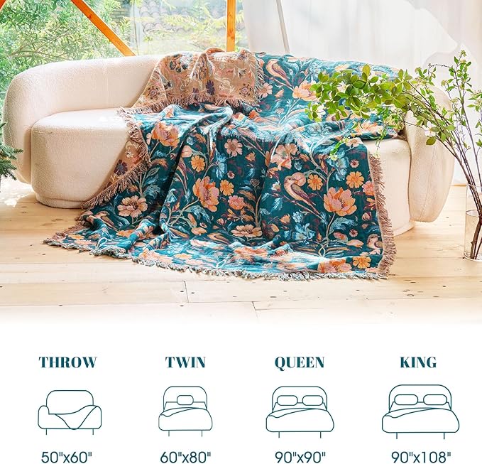 MSGKV Boho Throw Blanket for Bed 60"x80" Cotton Birds Floral Twin Size Couch - Image 6