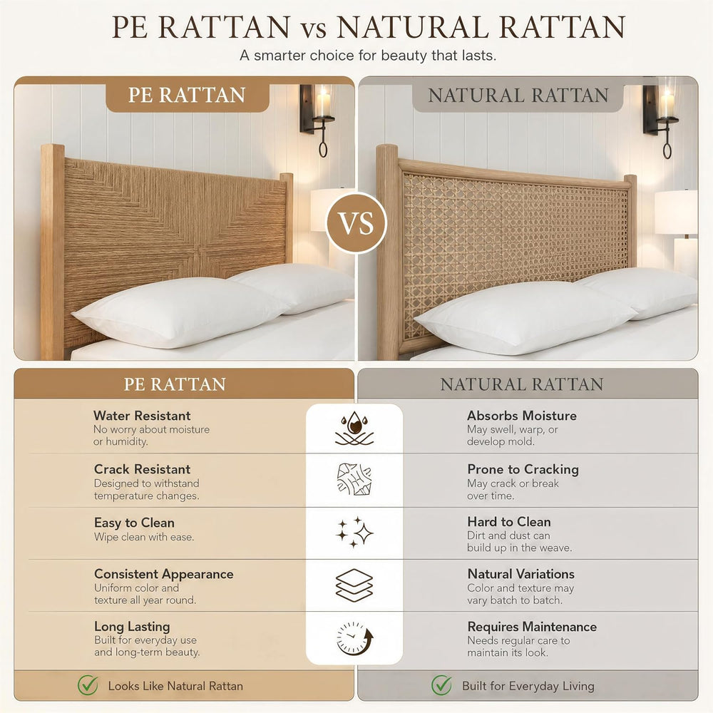 Brafab King Size Rattan Bed Frame, Boho Wicker Headboard, Natural Oak