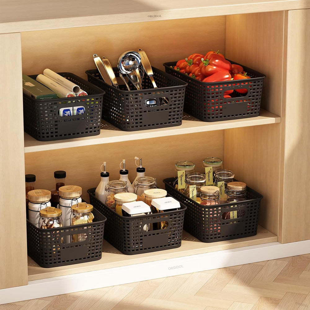 ORGIDOL Black Plastic Storage Baskets for Organizing, 12 Pack