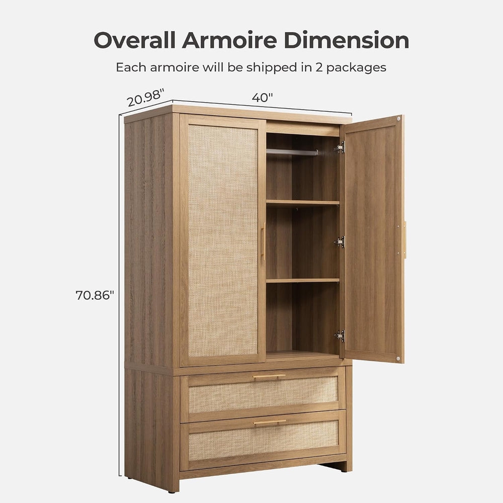 SICOTAS Rattan Armoire Wardrobe Closet : 71 inch Wardrobe with Drawers
