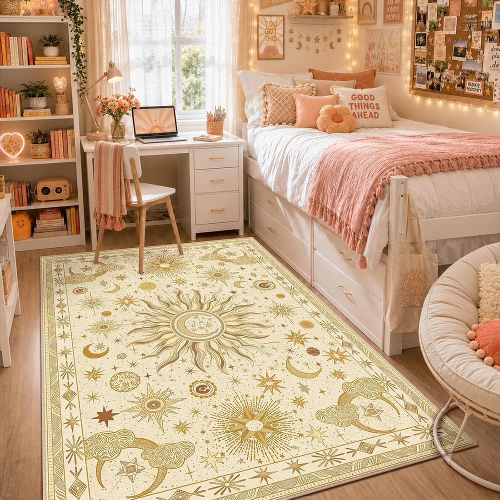 Vacuum-Friendly, 5x7 Washable Area Rug, Beige Camel Brown