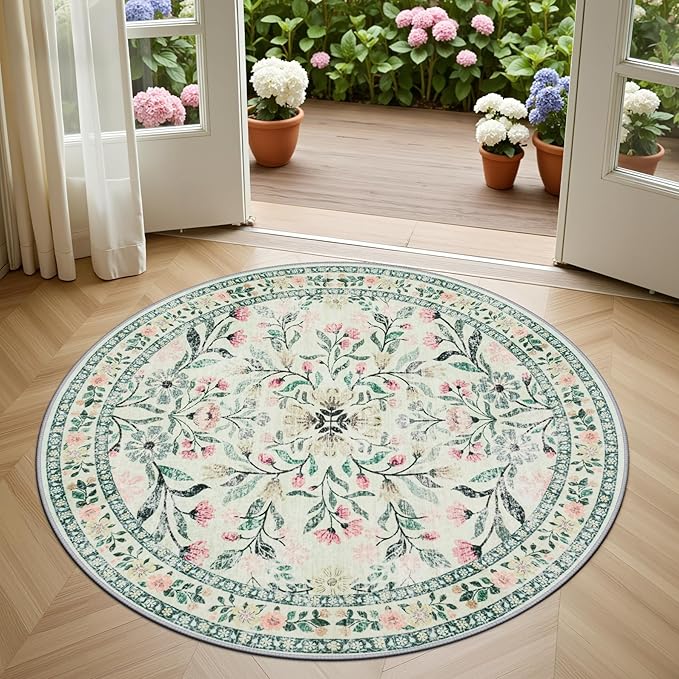 Round Area Rug for Living Room: 4 ft Floral Washable Circle Rug Soft Non-Slip - Image 2