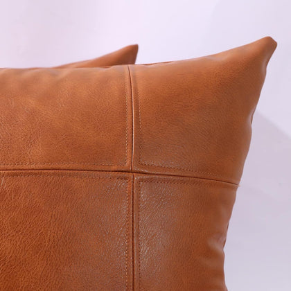 MANDIOO Set of 2 Classic Plaid Faux Leather Decorative Throw Pillow Covers,Hand Stitched Modern Luxury Vegan Outdoor Cushion Cases Pillowcases for Couch Sofa Bed Farmhouse 24x24 Inches Brown