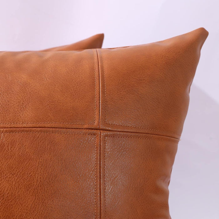 MANDIOO Set of 2 Classic Plaid Faux Leather Decorative Throw Pillow Covers,Hand Stitched Modern Luxury Vegan Outdoor Cushion Cases Pillowcases for Couch Sofa Bed Farmhouse 24x24 Inches Brown